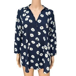 Cabi Blouse Navy Blue Daisy Floral Popover Button Down V Neck Polyester Top Sz S
